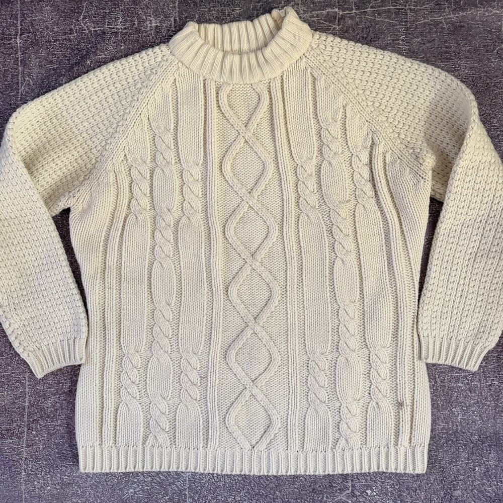 Men's Vintage 80's Eatons Cream White Cable Knit Fisherman Crewneck Sweater Sz M